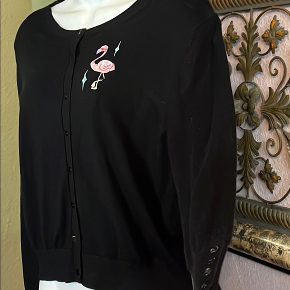 Charming Flamingo Embroidered Black Cardigan Retro Style Sz XL - Picture 6 of 9